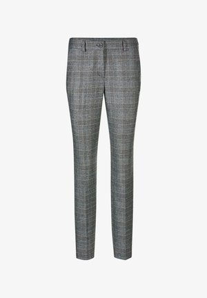 Grijze geruite broek met een getailleerd ontwerp, voorzien van een knoopsluiting, riemlussen en een platte voorkant. Gemaakt van een geweven stof.