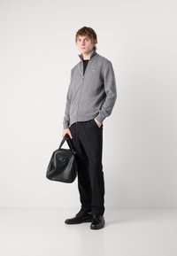 Gray zip-up sweater with ribbed hem, black trousers, and black leather bag. Model stands with hands in pockets, wearing black shoes.