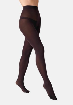 Durchsichtige schwarze Strumpfhosen mit hoher Taille, die eine glatte Textur und ein mattes Finish aufweisen und die Beine betonen. Mit offenem Zehenbereich.