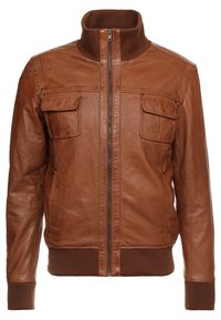 Giubbotto in pelle marrone con zip frontale, colletto e polsini a coste, due tasche sul petto e una texture liscia. Progettato per un aspetto aderente.