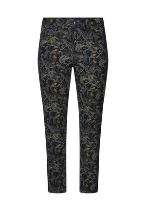 Broek in donker marineblauw met een ingewikkeld paisley- en bloemenpatroon in goud en blauw. Kenmerken een slanke pasvorm en een voorknopsluiting.