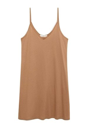 Brown cotton camisole with adjustable spaghetti straps, V-neckline, and a soft texture, featuring a delicate lace trim along the neckline.
