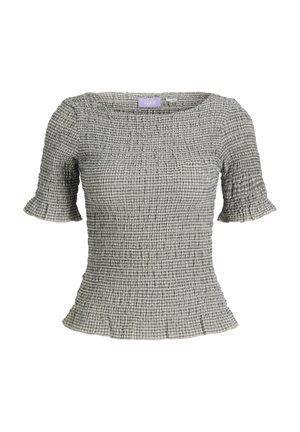 Sivá a biela kostkovaná blúzka s nariaseným vrchným dielom, krátkymi volánovými rukávmi a štvorcovým výstrihom.