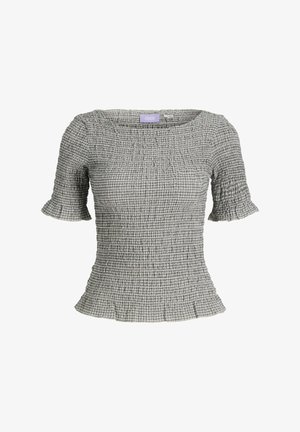 Sivá a biela kostkovaná blúzka s nariaseným vrchným dielom, krátkymi volánovými rukávmi a štvorcovým výstrihom.