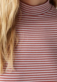 Raidallinen korkeakauluksinen paita, jossa on kapeita punaisia ja valkoisia raitoja. Paita on valmistettu pehmeästä kankaasta, ja siinä on vartalonmukainen siluetti sekä korkeakauluksinen muotoilu.