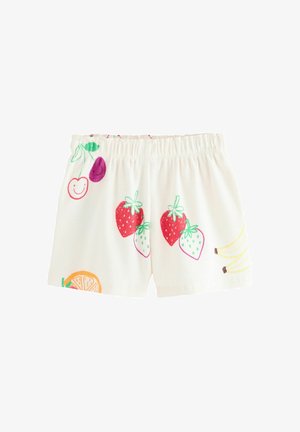 Shorts ușori, de culoare crem, cu modele colorate de fructe, inclusiv căpșuni, cireșe și banane. Talie elastică, textură ribbată.