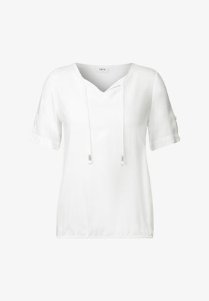 Witte kortebloezige top met een V-hals en striksluiting. Beschikt over omgeslagen mouwen en een gestructureerde stof voor extra detail.