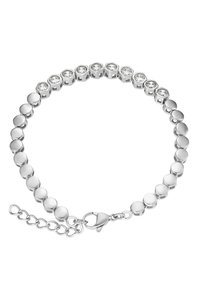 Sølvmetallarmbånd med runde og sekskantede lenker, utsmykket med klare krystaller, og sikret med en krabbelås og forlengelseskjede.