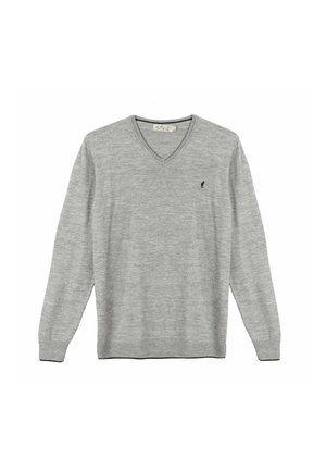 Pull à col en V gris clair à manches longues avec un petit logo sombre sur le côté gauche de la poitrine, fabriqué en tissu tricoté doux.