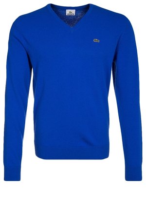 Pull bleu à manches longues avec col en V et logo Lacoste brodé sur la poitrine gauche.