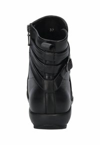 Botte de cheville en cuir noir avec un design courbé, des boucles décoratives et des plis texturés. Comprend une fermeture éclair sur le côté pour un enfilage facile. Taille 37.