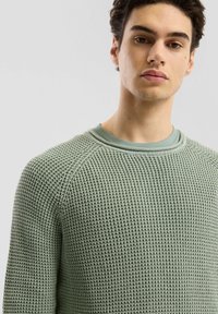Sweter dzianinowy w jasnym zielonym kolorze z teksturowanym splotem, okrągłym dekoltem i rękawami raglanowymi, z warstwowym wyglądem z jaśniejszą warstwą pod spodem.