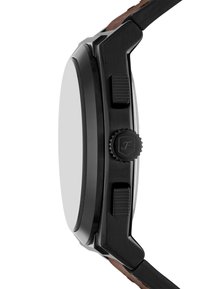 Zwarte chronograaf horloge met een ronde kast, gestructureerde knoppen en een bruine leren band. Heeft een opvallende kroon en een gladde glazen oppervlakte.