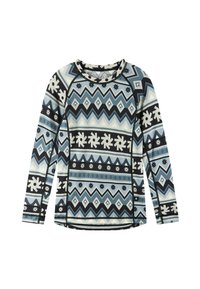 Langärmeliges Hemd in Blau-, Schwarz- und Cremetönen mit geometrischen und Schneeflockenmuster sowie kontrastierenden Nähten entlang der Kanten.