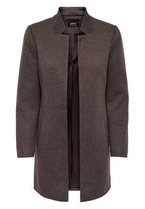 Cappotto marrone a maniche lunghe con una texture liscia, apertura frontale e nessun fissaggio visibile. Presenta due tasche laterali e un design del colletto semplice.