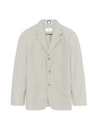 Gebreide blazer in lichtbeige en wit met strepen. Voorzien van een reverskraag met inkeping, een knoopsluiting aan de voorkant en twee zakken aan de voorkant. Lichtgewicht stoftextuur.
