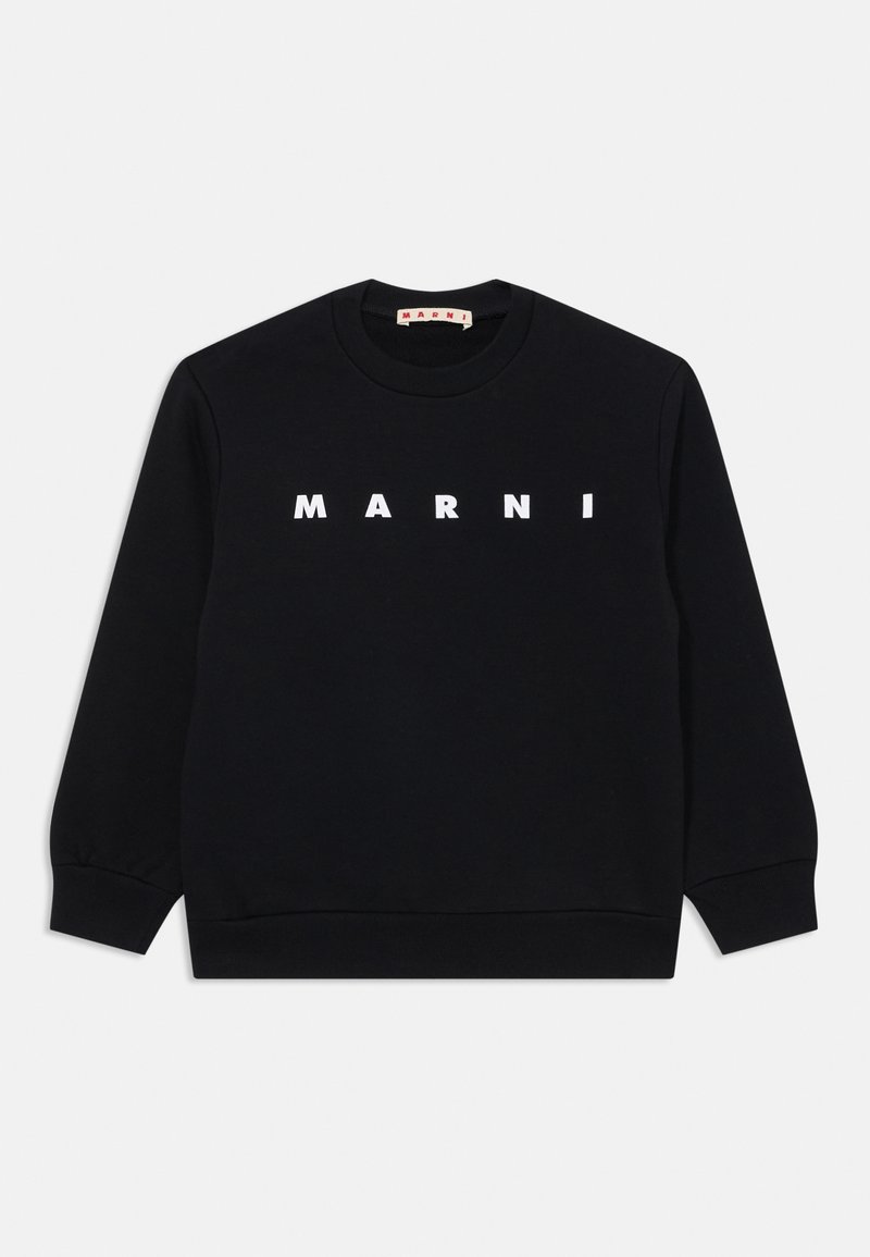 Svart hettegenser laget av bomull, med rund halslinning og lange ermer. Hvit "MARNI" logo vist over brystet.