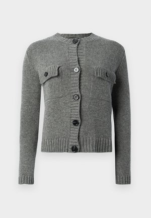 Grey knitted cardigan with long sleeves, ribbed cuffs and hem, front button closure, and two buttoned chest pockets.