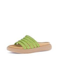 Green slide sandals with textured fabric straps, featuring multiple woven bands, cushioned footbed, and a light brown rubber sole.