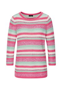 Pull en tricot à manches longues avec des rayures horizontales roses, blanches et bleu clair et un col rond.