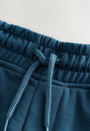 Teal atletiska shorts med resårmidja och flätad dragsko; slätt, texturerat tyg; har sidfickor och en avslappnad passform.