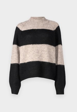 Pulover cu dungi, cu guler înalt, având trei benzi orizontale în negru și bej deschis. Fabricat dintr-un material tricotat moale și texturat.