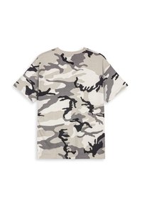 Kurzarm-T-Shirt im Tarnmuster mit Grautönen und Schwarz auf beigem Hintergrund, aus weichem Stoff gefertigt.