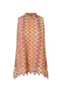 Mouwloze top met hoge hals en een kleurrijk zigzagpatroon in oranje, roze, beige en groen, met een geschulpte zoom.