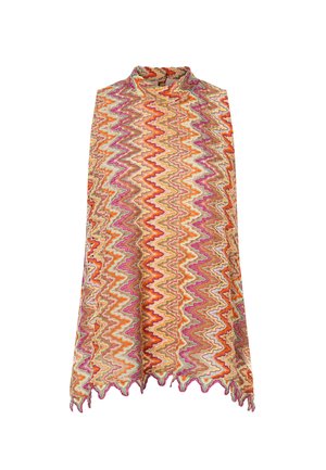 Mouwloze top met hoge hals en een kleurrijk zigzagpatroon in oranje, roze, beige en groen, met een geschulpte zoom.