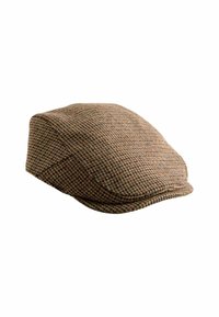 Hnědý a zelený plátěný klobouk se vzorem houndstooth, zaoblenou korunou, měkkou texturou látky a zakřiveným okrajem.