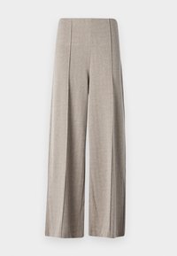 Beige széles lábú nadrág, amely textúrált anyagból készült és houndstooth mintázattal rendelkezik, magas derekú, valamint gyűrt hajtásokkal a lábán.