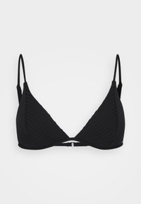 Black triangular bikini top with ribbed texture, adjustable straps, and a small metal clasp at the center front for closure.