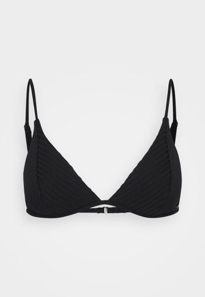 Black triangular bikini top with ribbed texture, adjustable straps, and a small metal clasp at the center front for closure.