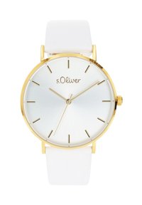 Runde Uhr mit einem silbernen Zifferblatt, goldenen Akzenten und einem weißen Lederarmband. Verfügt über minimalistische Stundenziffern und den Markennamen "s.Oliver."