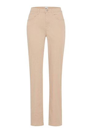 Beige bukser med lige ben, forrest lukkes med knap og lynlås, og har fem lommer, designet til et afslappet, tætsiddende look.