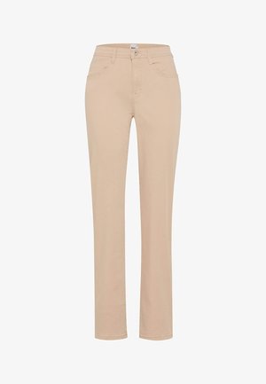 Beige bukser med lige ben, forrest lukkes med knap og lynlås, og har fem lommer, designet til et afslappet, tætsiddende look.