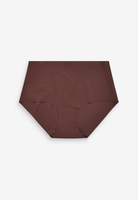 Donkerbruine hoge taille onderbroek van soepel materiaal, met naadloze randen en een klassieke snit voor comfort en bedekking.