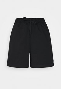 Black casual shorts with elastic waistband and drawstring, front pockets, and a straight hem against a plain background.