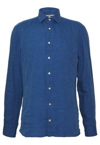 Camicia blu a maniche lunghe con bottoni, realizzata in tessuto di lino, caratterizzata da un collo classico, bottoni frontali e una superficie leggermente testurizzata.