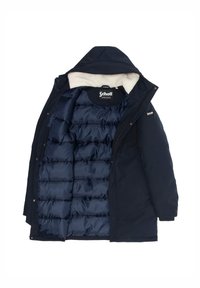 Abrigo de invierno con capucha en azul marino, con forro de satén acolchado y forro de felpa blanca alrededor del cuello, desabrochado para mostrar el interior y la etiqueta de la marca Schott.