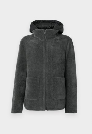 Gray zip-up jacket with a textured, fuzzy exterior, two front pockets, and a black hood. Soft material with a high collar design.