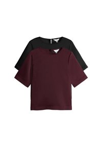 Kurzärmeliges Oberteil in Schwarz und Burgund mit rundem Ausschnitt und einem Reißverschluss auf der Rückseite. Glatte Textur mit einfarbigem Design.