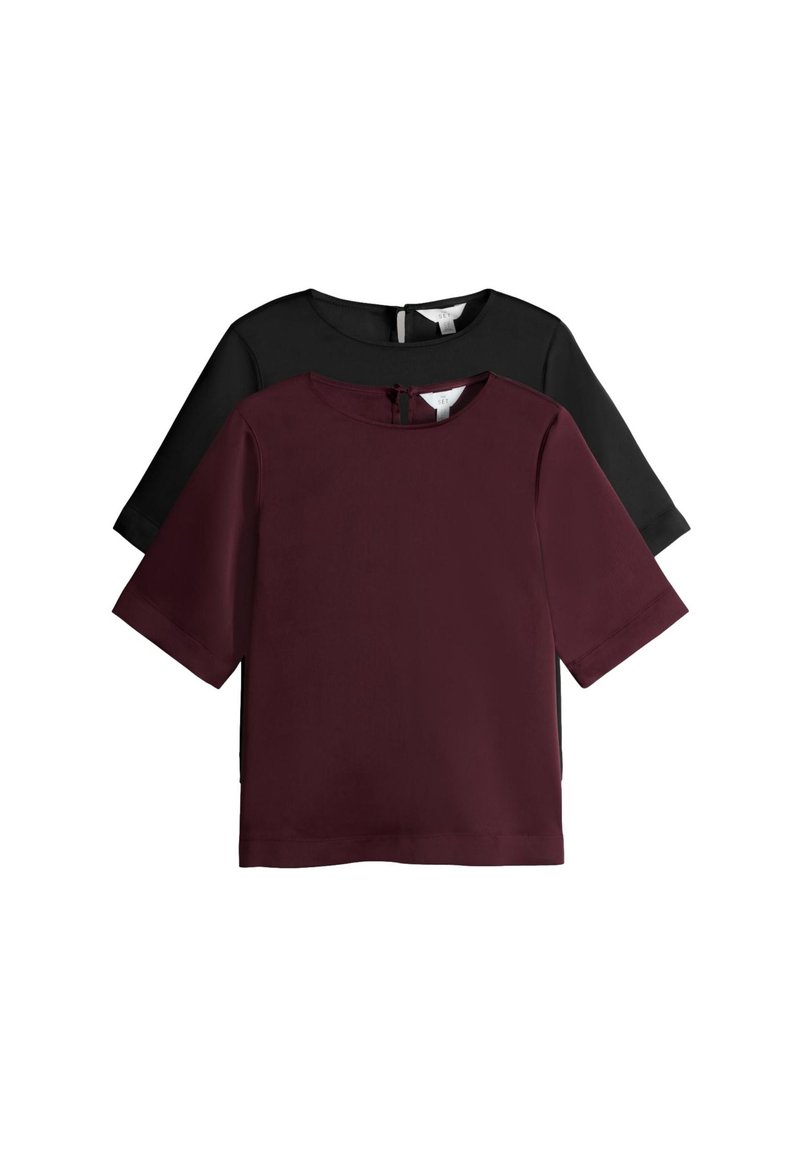 Kurzärmeliges Oberteil in Schwarz und Burgund mit rundem Ausschnitt und einem Reißverschluss auf der Rückseite. Glatte Textur mit einfarbigem Design.