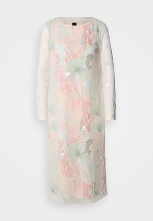 Bloemige jurk in pastelkleuren met lange semi-transparante mouwen, voorzien van borduursels en versieringen. Lichtgewicht stof met een ontspannen pasvorm.