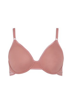 Hellrosa nahtloser BH mit verstellbaren Trägern, Unterstützung durch Bügel und glatter Textur. Bietet ein klassisches Design und dekorative Steppdetails.