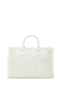 Borsa a tote bianca intrecciata con bordi sfilacciati, due manici resistenti e forma rettangolare. Realizzata in materiale testurizzato per una maggiore durata.
