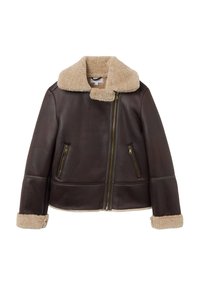 Giacca in pelle marrone con colletto in shearling beige morbido, chiusura frontale con cerniera e due tasche laterali con chiusura a zip. Realizzata con una miscela di materiali adottata.
