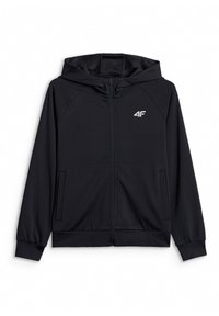 Sweat à capuche noir zippé avec poches avant, poignets élastiques et capuche, avec un petit logo blanc 4F sur la poitrine.