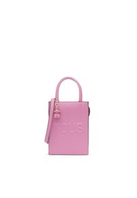 Sac à main en cuir rose avec logo "TOUS" embossé, forme rectangulaire structurée, petite poignée, bandoulière amovible et détail en forme d'ours.