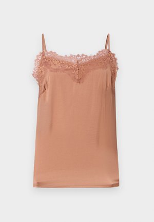 Top na ramienka v jemne ružovom materiáli, s nastaviteľnými ramienkami a čipkovaným lemovaním okolo výstrihu. Hladká textúra s voľným strihom.